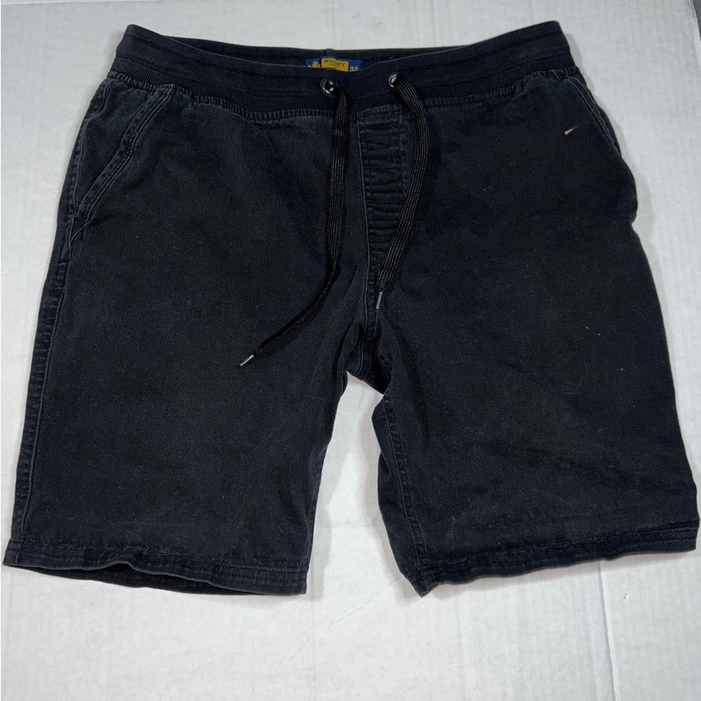 Rugby University Mens Shorts Size 32 Black Cotton Stretch Drawstring Casual 8in